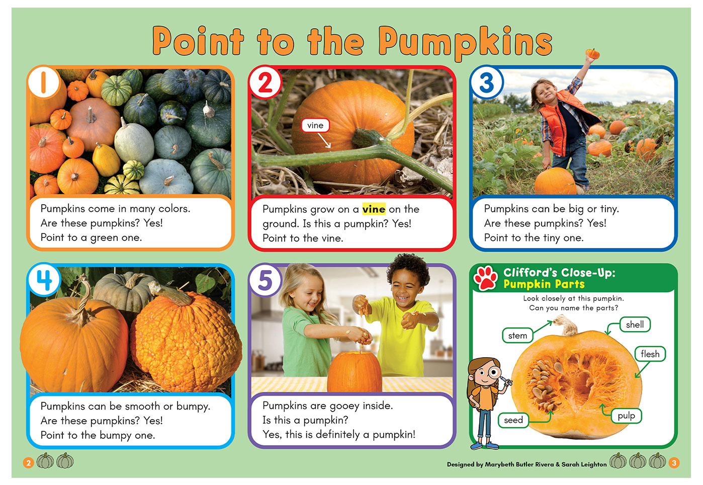 A diagram shows pumpkin facts, parts, and activities for early learners