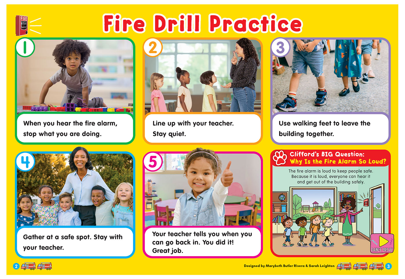 A chart shows five steps for fire drill practice with photos and instructions for each step