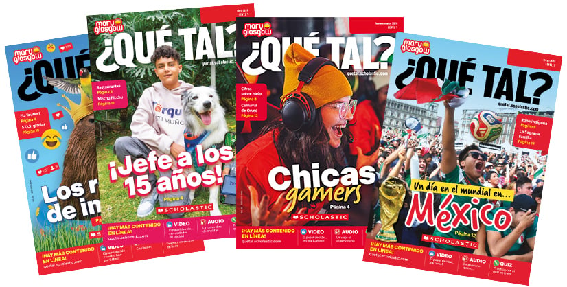 Four issues of Que Tal, a Spanish-language magazine published by Mary Glasgow Scholastic