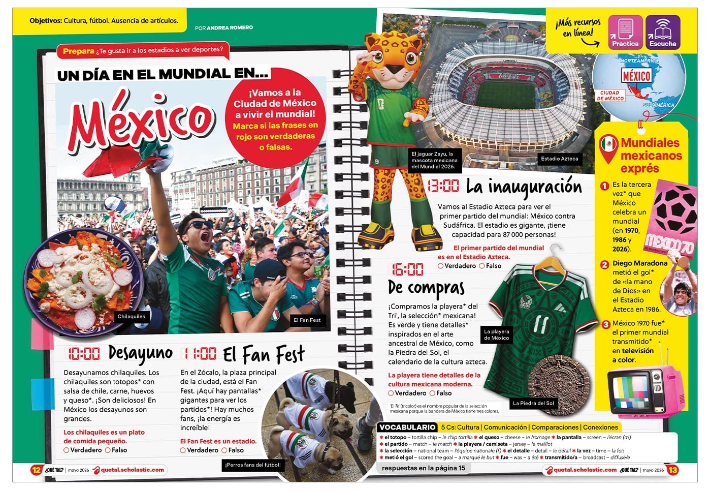 A magazine spread about a day at the World Cup in Mexico City, with photos, facts, and activities in Spanish