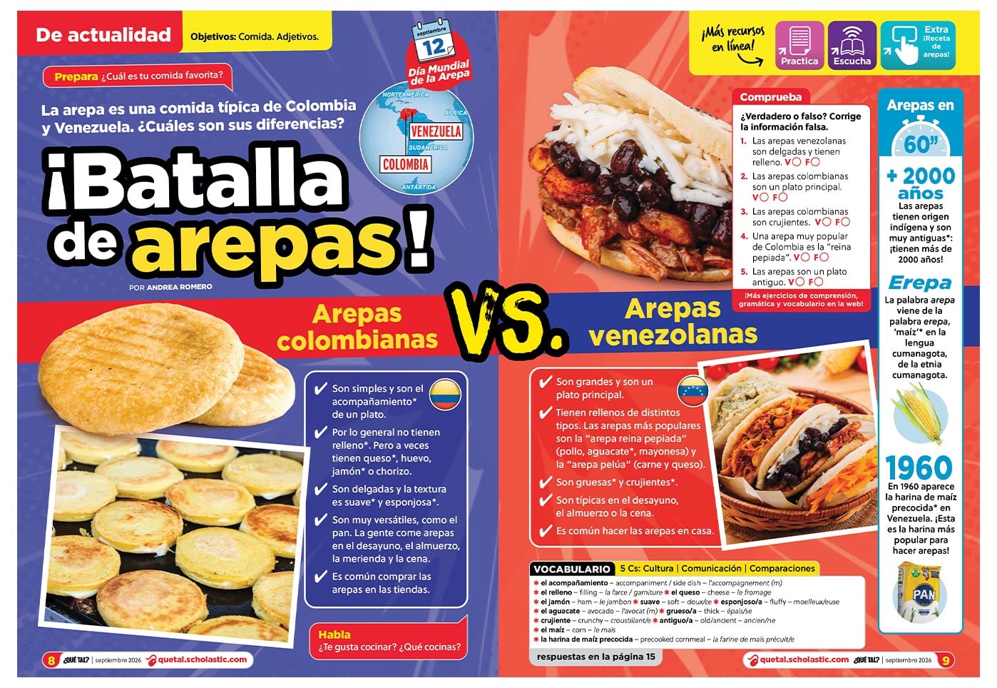 A magazine spread compares Colombian and Venezuelan arepas with photos, facts, and vocabulary