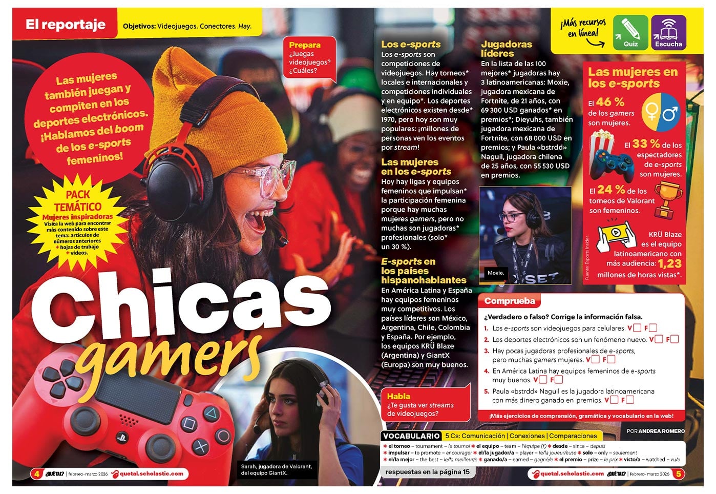 A magazine spread titled Chicas Gamers about women in e-sports, with photos, statistics, and articles in Spanish