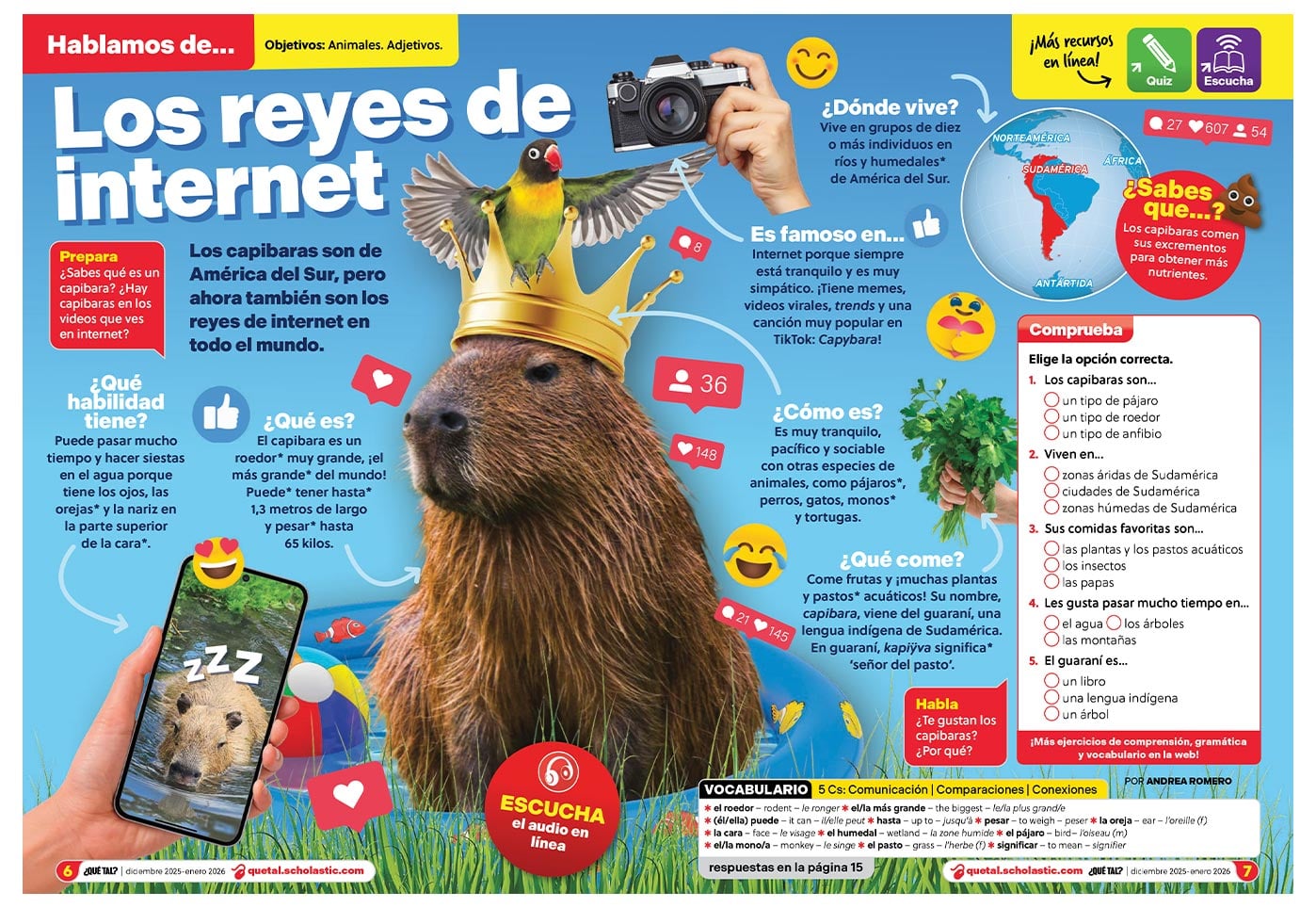 A Spanish-language magazine spread about capybaras titled Los Reyes De Internet