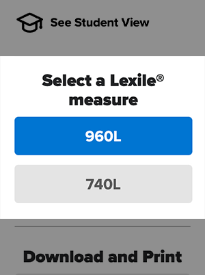 A menu to select a Lexile measure with options for 960L and 740L