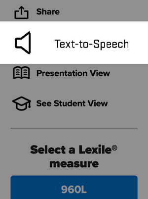 A menu shows Share, Text-to-Speech, Presentation View, See Student View, and a Lexile measure of 960L