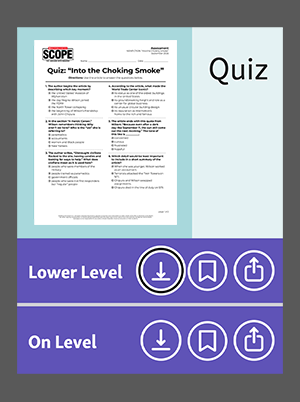 A quiz worksheet titled Into the Choking Smoke with Lower Level and On Level download options
