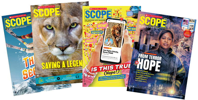 Four issues of Scholastic Scope magazine spread out, each with a different cover story
