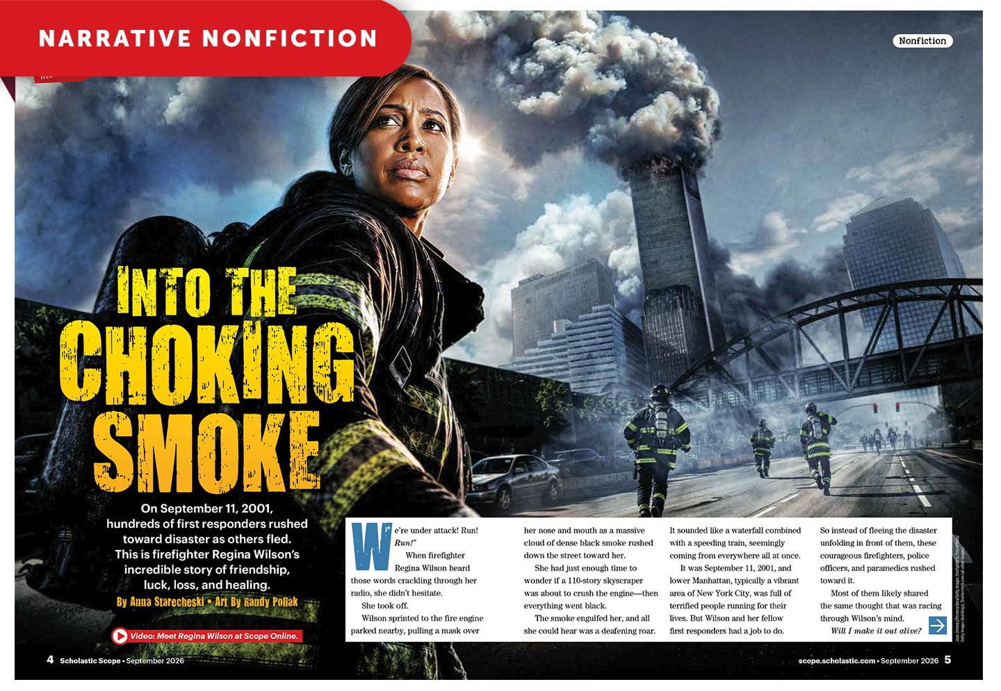 A firefighter stands in gear as smoke billows from buildings on September 11, 2001