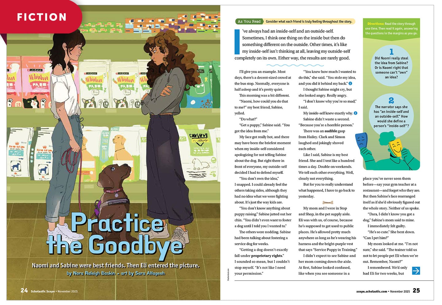 Cover of Practice the Goodbye, two girls face each other in a pet supply store as a brown dog sits between them