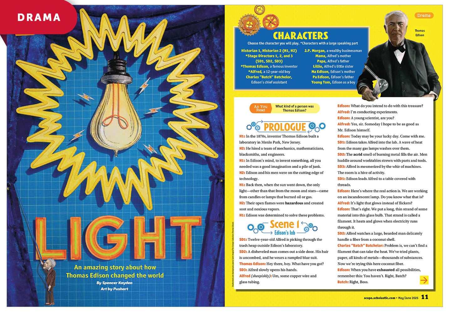 Cover of Light, a drama about how Thomas Edison changed the world, with a glowing light bulb and a portrait of Thomas Edison