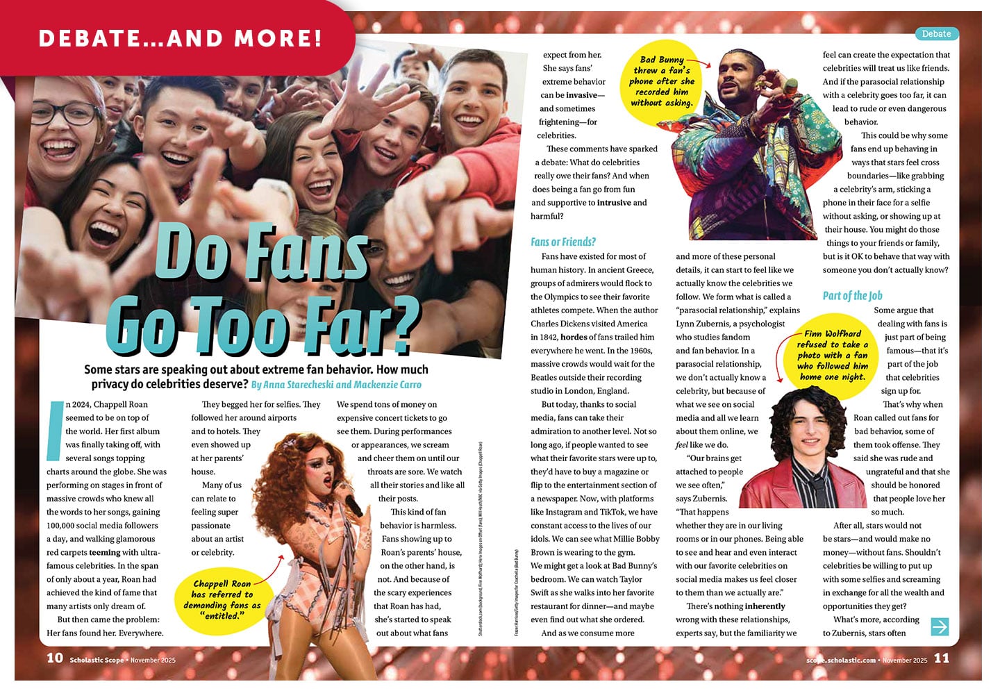 A magazine spread titled Do Fans Go Too Far with photos of a crowd, Chappell Roan, Bad Bunny, and Finn Wolfhard