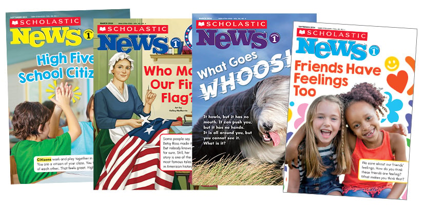 Four covers of Scholastic News Level 1 magazine with varied topics for young readers