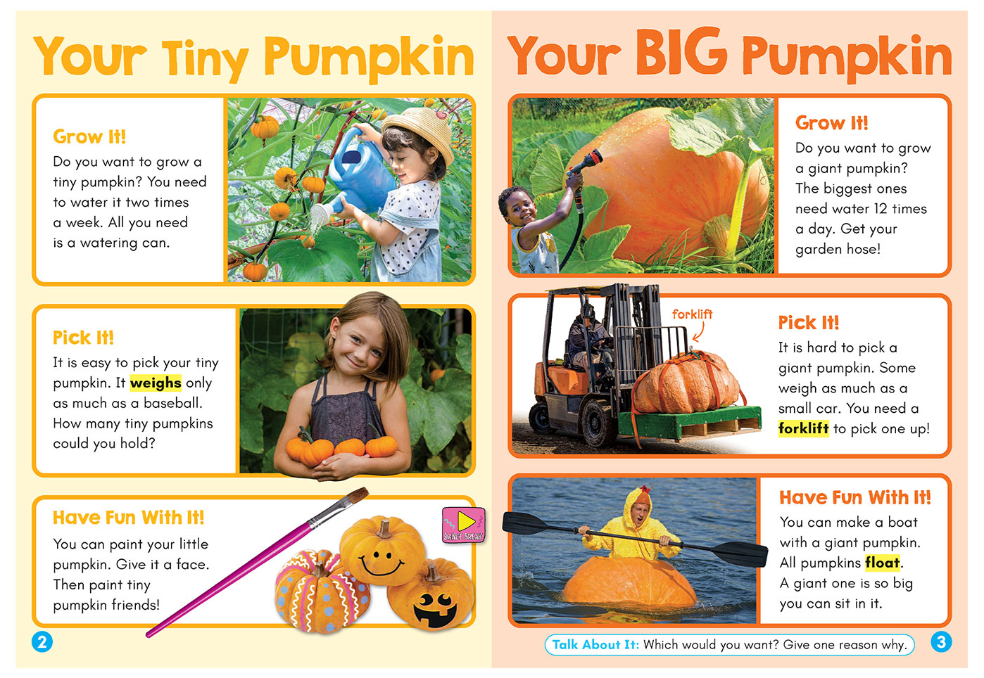 A collage that compares tiny and giant pumpkins across growing, picking, and fun activities