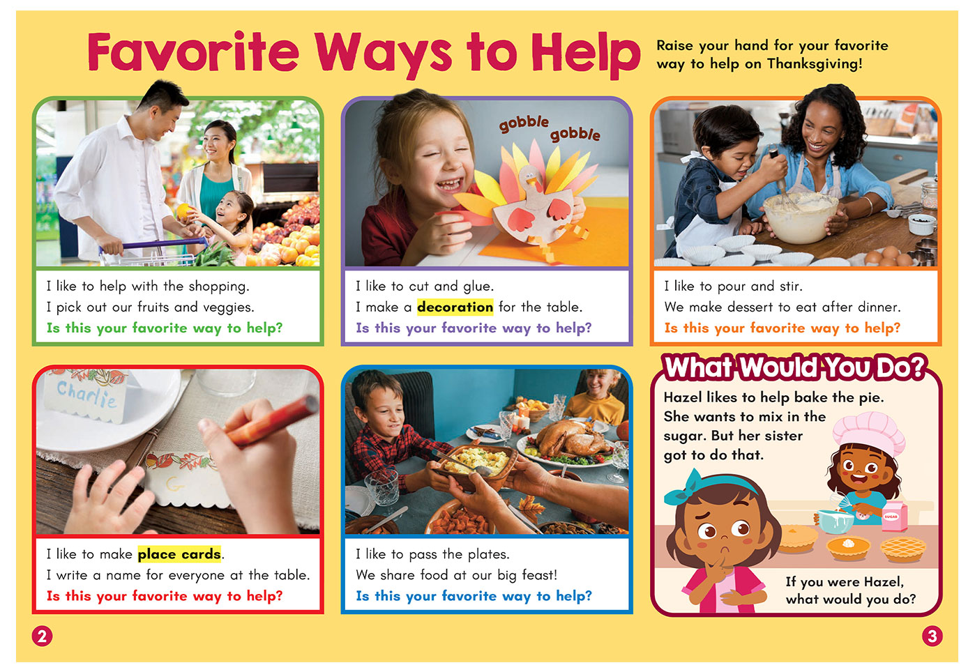 Collage that shows children and adults helping with Thanksgiving tasks and a discussion prompt