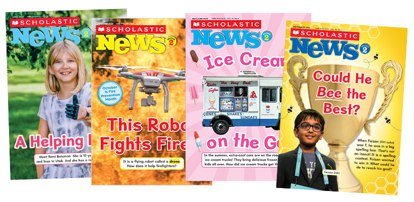 Four covers of Scholastic News 2 magazine with varied topics and featured stories