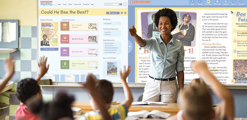 A woman leads a class as students raise their hands in front of a Scholastic digital lesson