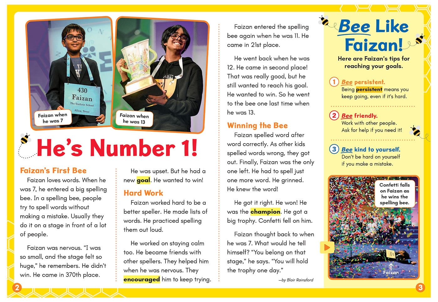 Faizan at age 7 holds a spelling bee number card, and at age 13 holds a large trophy