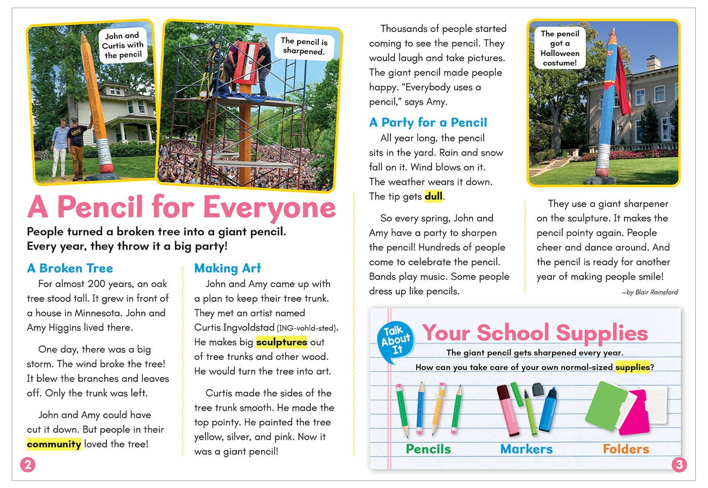 A collage of photos showing a giant pencil sculpture outside a house across different seasons and events