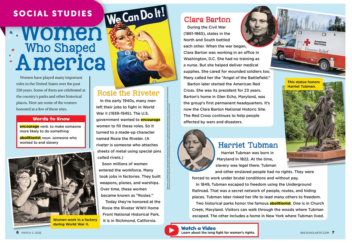 A magazine spread about women who shaped America, featuring Rosie the Riveter, Clara Barton, and Harriet Tubman