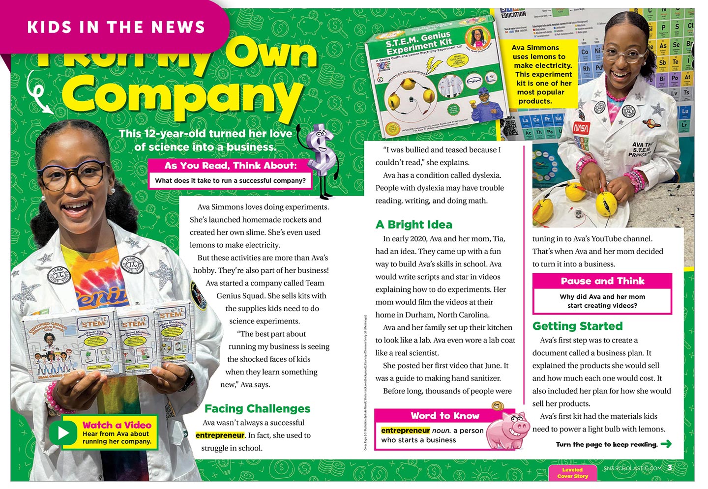A magazine spread about Ava Simmons, a young entrepreneur who runs a science kit company