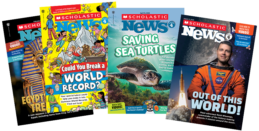 Four issues of Scholastic News magazine with covers about Egypt, world records, sea turtles, and space
