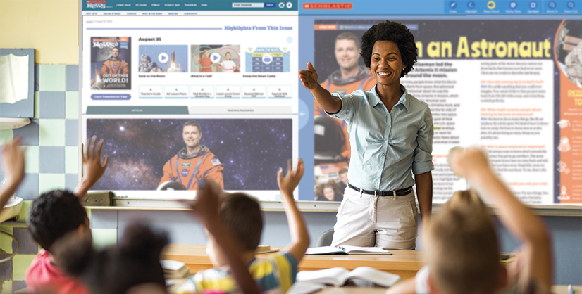 A woman leads a classroom lesson on astronauts as students raise their hands