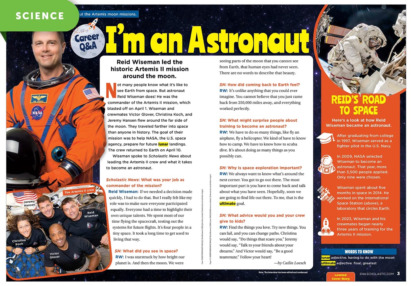 A magazine spread titled Career Q&A: I'm an Astronaut, featuring astronaut Reid Wiseman