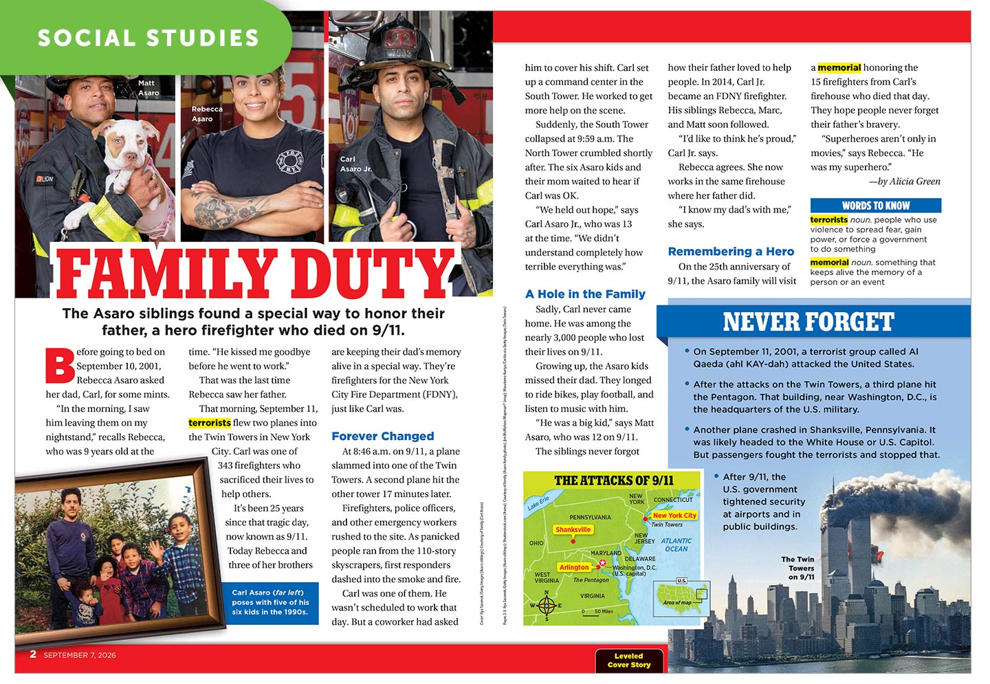 A magazine spread titled Family Duty about the Asaro siblings who became FDNY firefighters to honor their father, who died on 9/11