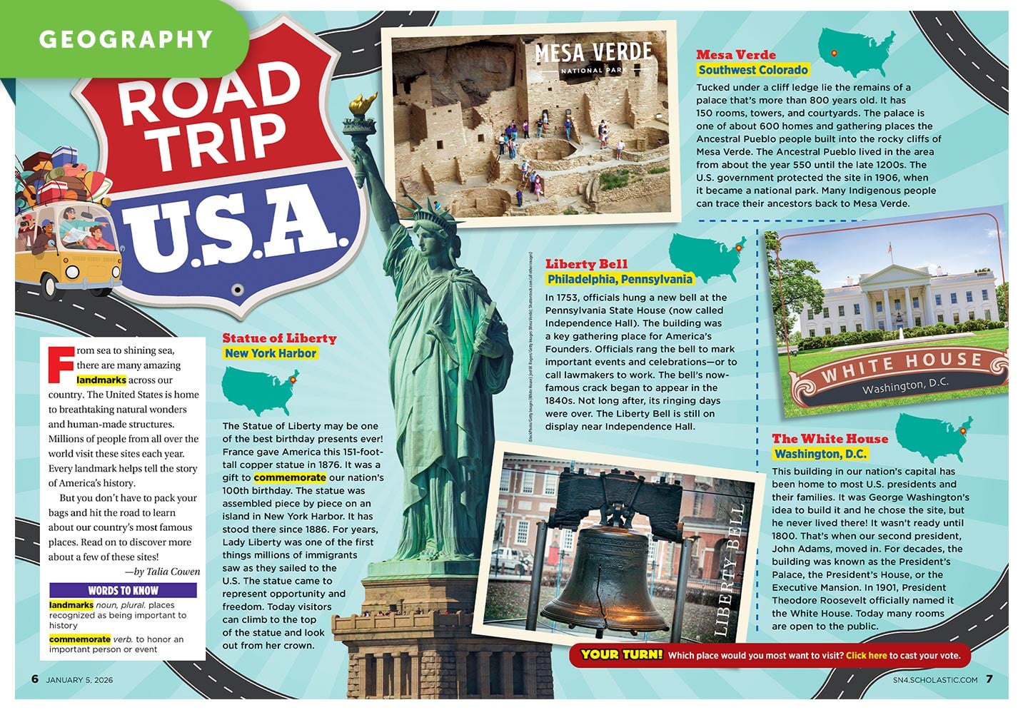 A magazine spread about U.S. landmarks including the Statue of Liberty, Mesa Verde, the Liberty Bell, and the White House
