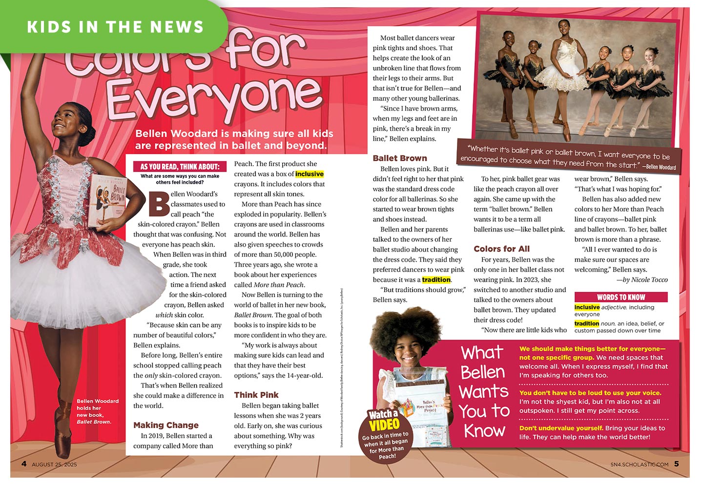 A magazine spread about Bellen Woodard, a young ballerina who holds her book Ballet Brown