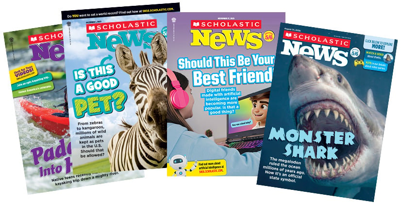 Four covers of Scholastic News magazine with topics including exotic pets, AI, and a monster shark