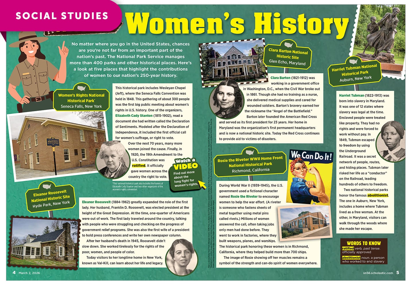 A magazine spread about Women's History highlights five National Park Service sites honoring women's contributions to U.S. history