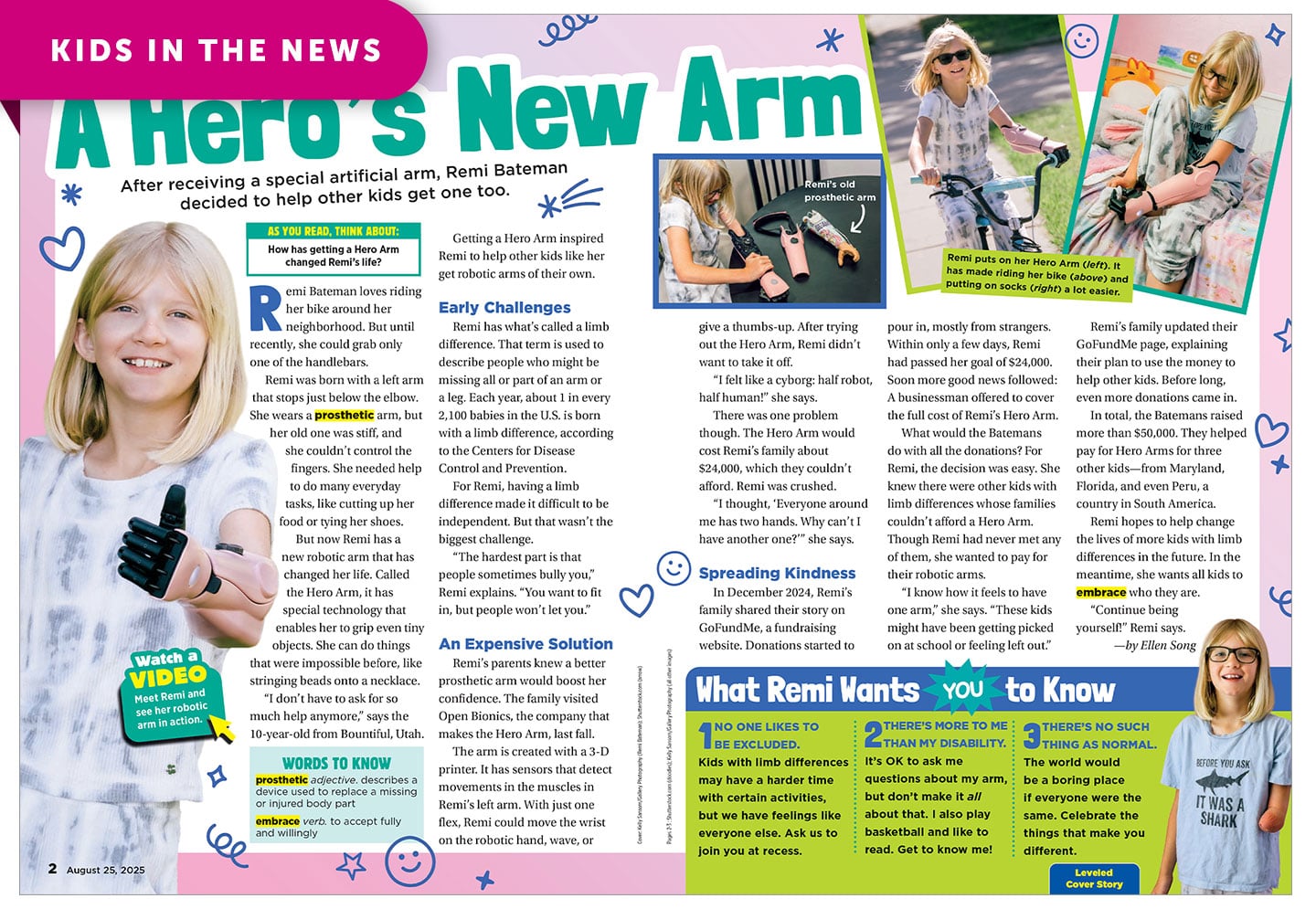 A magazine spread titled A Hero's New Arm features Remi Bateman and her robotic prosthetic arm
