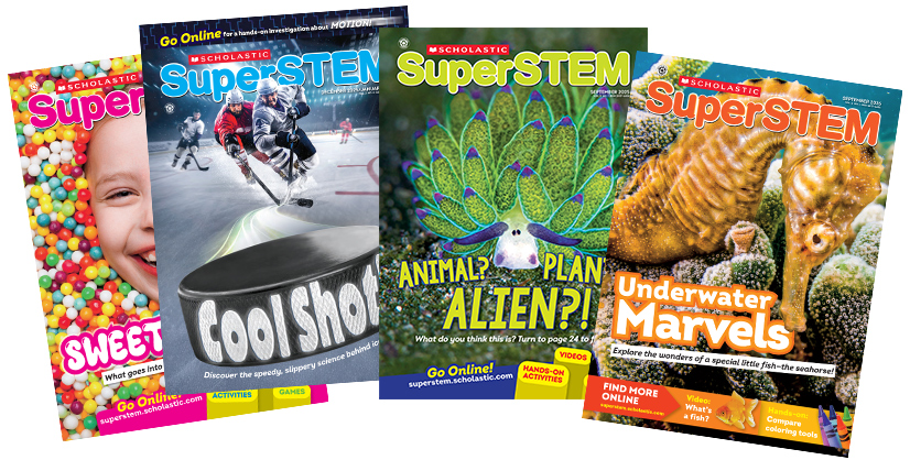 Four issues of Scholastic SuperSTEM magazine spread in a fan arrangement