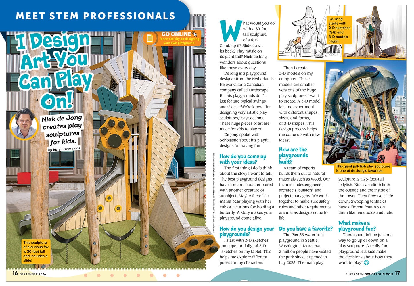 A magazine spread titled Meet Stem Professionals features Niek de Jong and his large wooden fox play sculpture