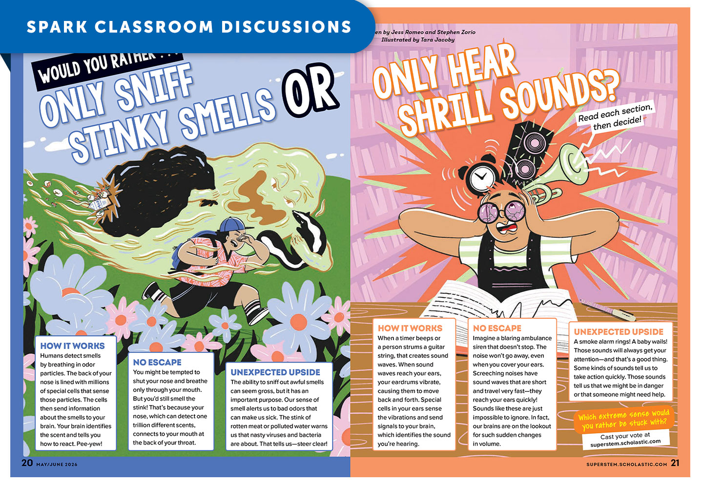 A magazine spread asks would you rather only sniff stinky smells or only hear shrill sounds