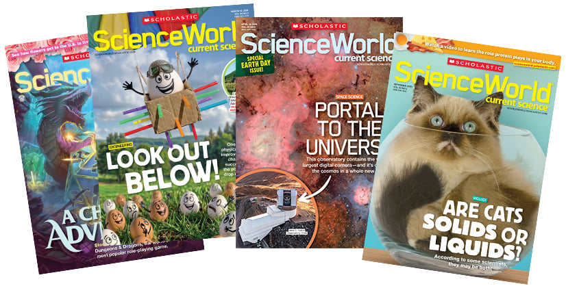 Four covers of Scholastic Science World magazine spread out in a fan arrangement