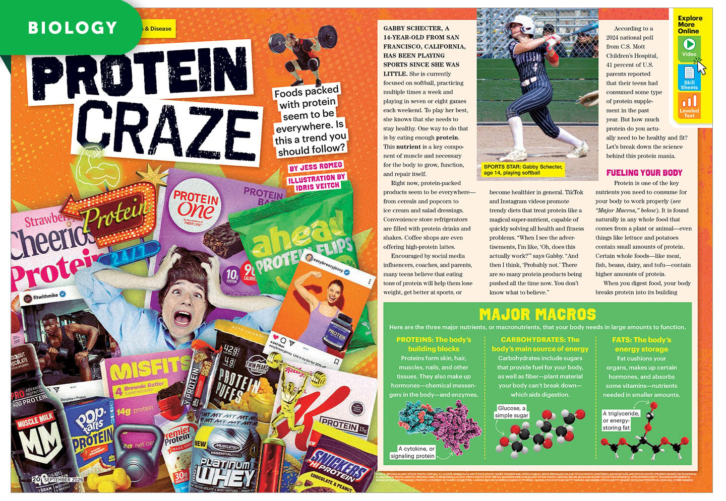 A biology magazine spread titled Protein Craze explores protein as a nutrient and its role in the body