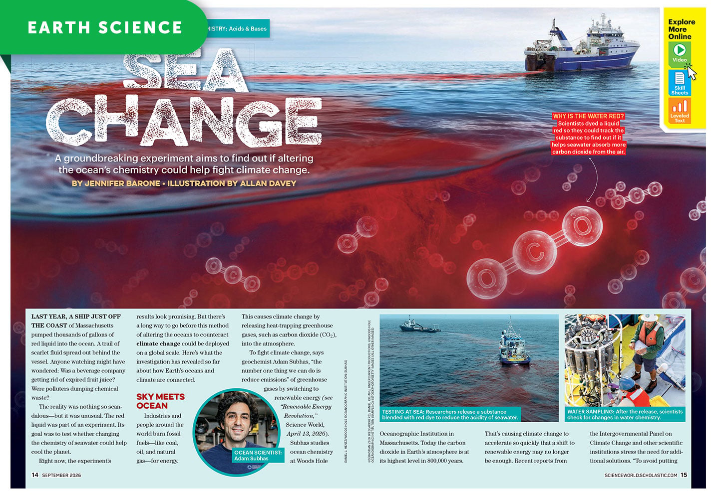 A magazine spread titled Sea Change shows a research ship on red-dyed ocean water with carbon dioxide molecule illustrations