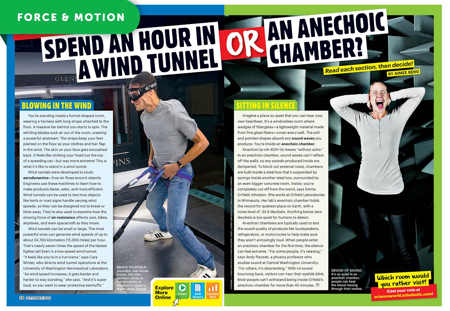 A magazine spread titled Spend An Hour In A Wind Tunnel Or An Anechoic Chamber, with a person leaning against strong wind in a wind tunnel on the left and a person reacting to extreme silence on the right