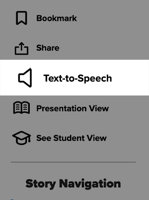 A menu with options for Bookmark, Share, Text-to-Speech, Presentation View, and See Student View