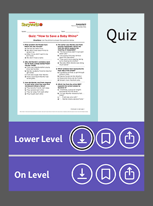 A quiz worksheet titled How to Save a Baby Rhino with Lower Level and On Level download options