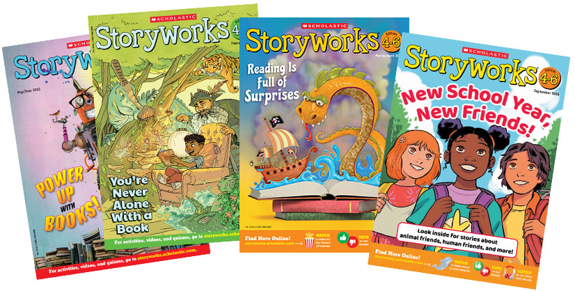 Four issues of Scholastic Storyworks magazine fanned out to display their covers