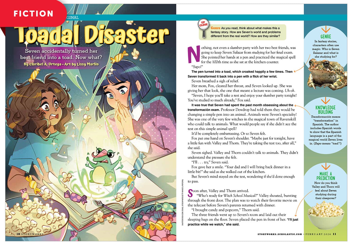A magazine spread for the fiction story Toadal Disaster, with an illustration of two girls and a glowing toad over an open book