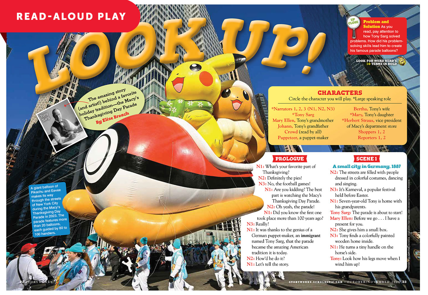 A magazine spread titled Look Up, a read-aloud play about Tony Sarg and the Macy's Thanksgiving Day Parade