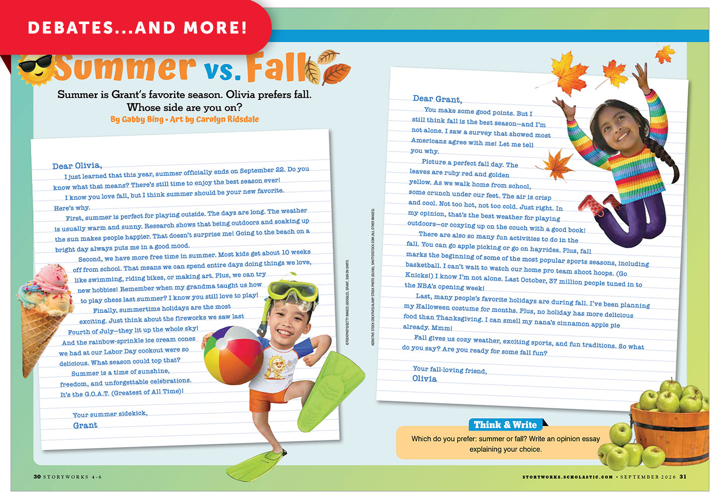 A magazine spread titled Summer vs. Fall features two opinion letters from Grant and Olivia