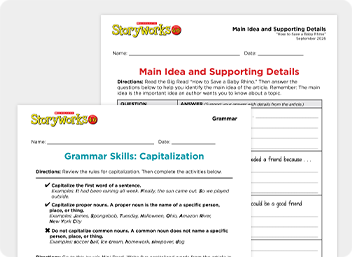 Two Storyworks worksheet pages on main idea, supporting details, and grammar capitalization