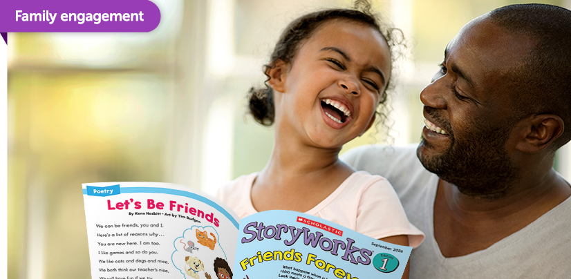 A girl and a man share a laugh while holding a Scholastic Storyworks magazine
