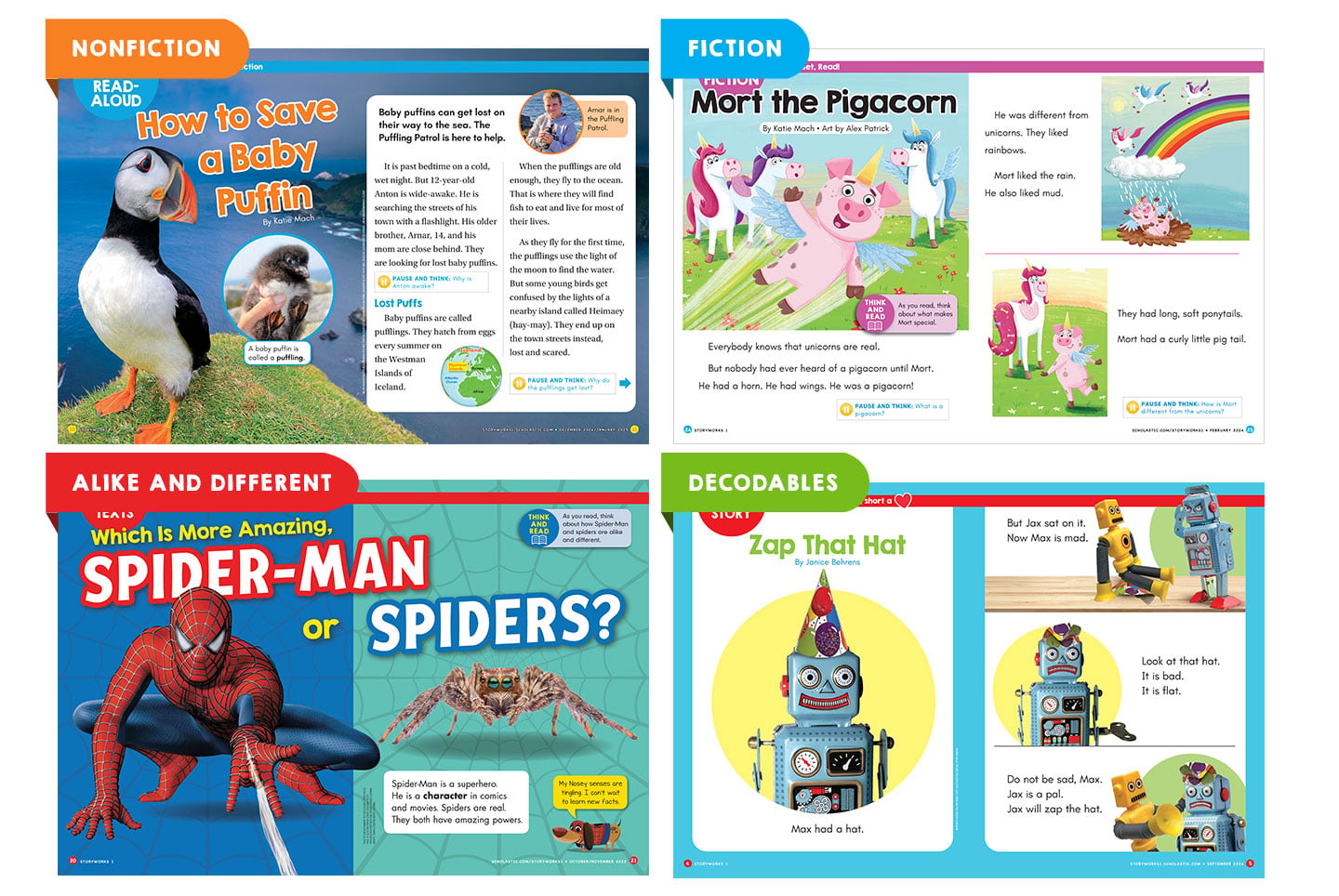 Collage of four colorful educational reading passages for early learners across different genres
