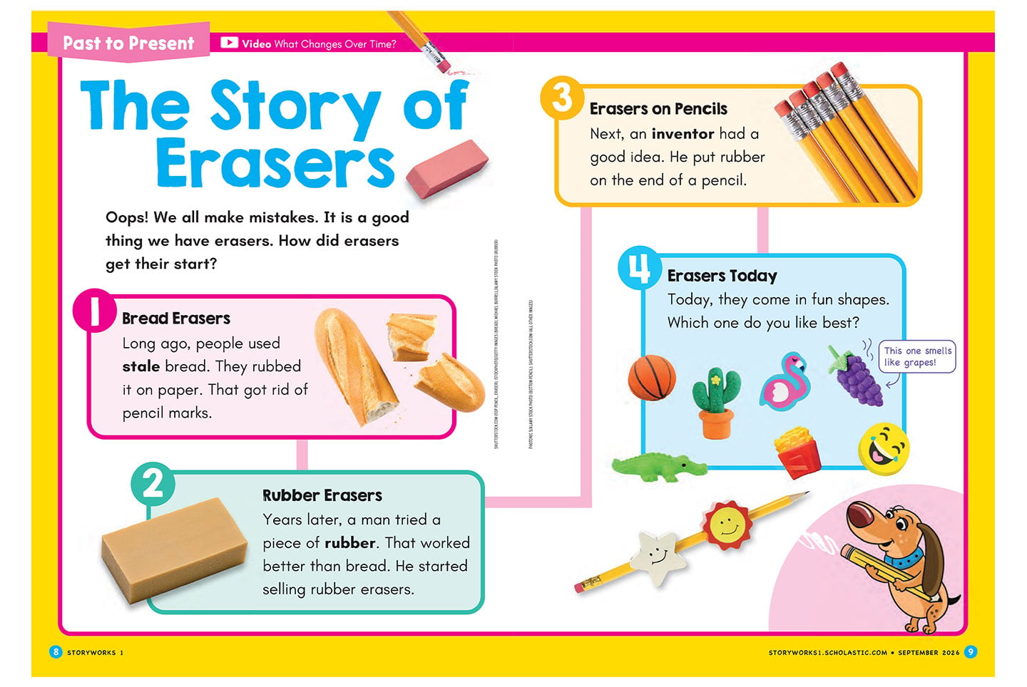 A diagram shows the history of erasers in four steps, from bread to rubber to pencil erasers to novelty shapes